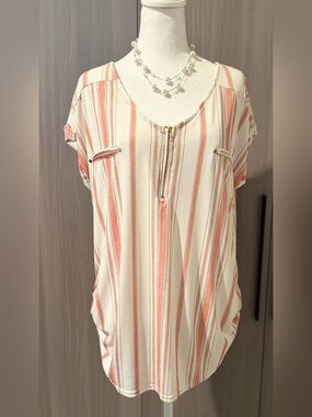 Sweet Wanderer Cream and Coral Striped Quarter Zip-Front Blouse